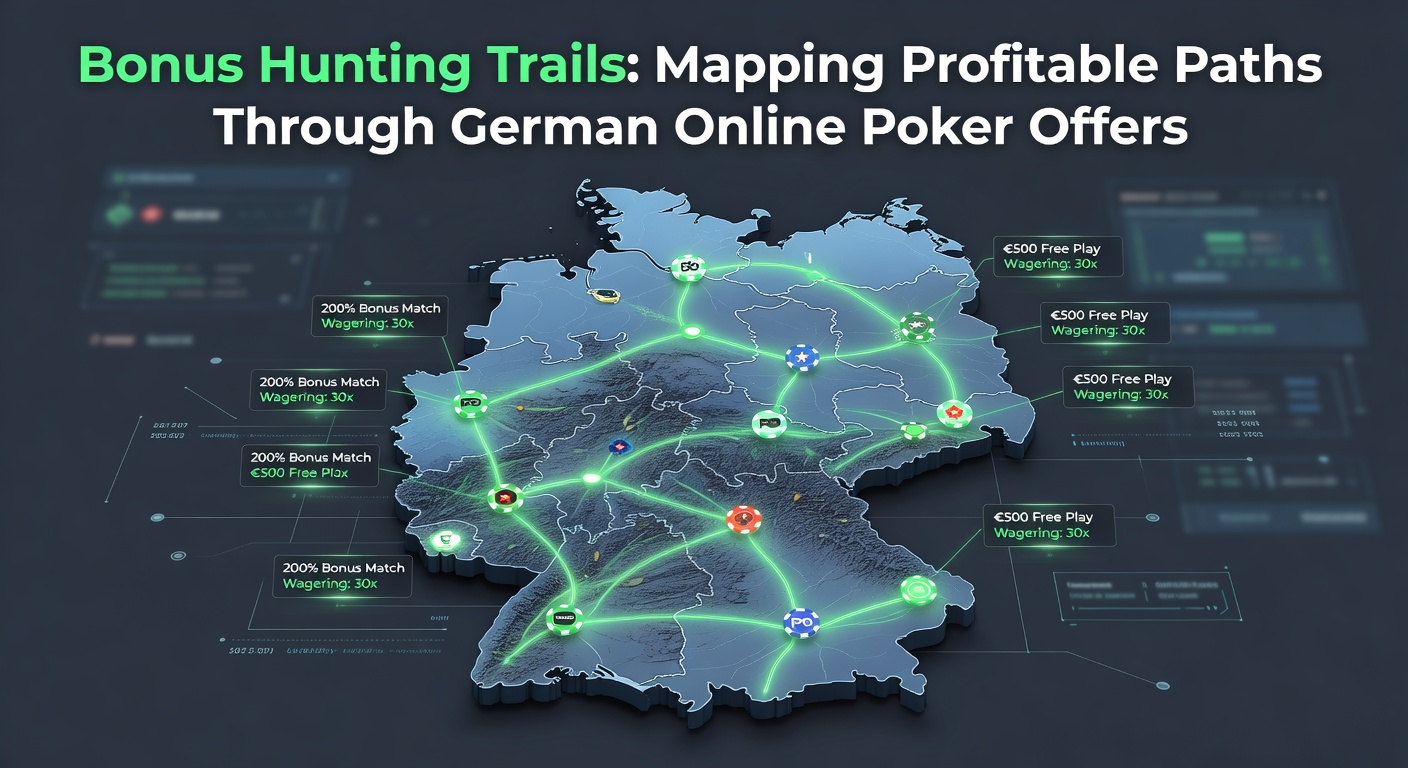Grafik einer Karte mit Pfaden, die profitable Bonus-Hunting-Routen in deutschen Online-Poker-Plattformen darstellen, inklusive Markern für Boni und Rakeback-Angebote