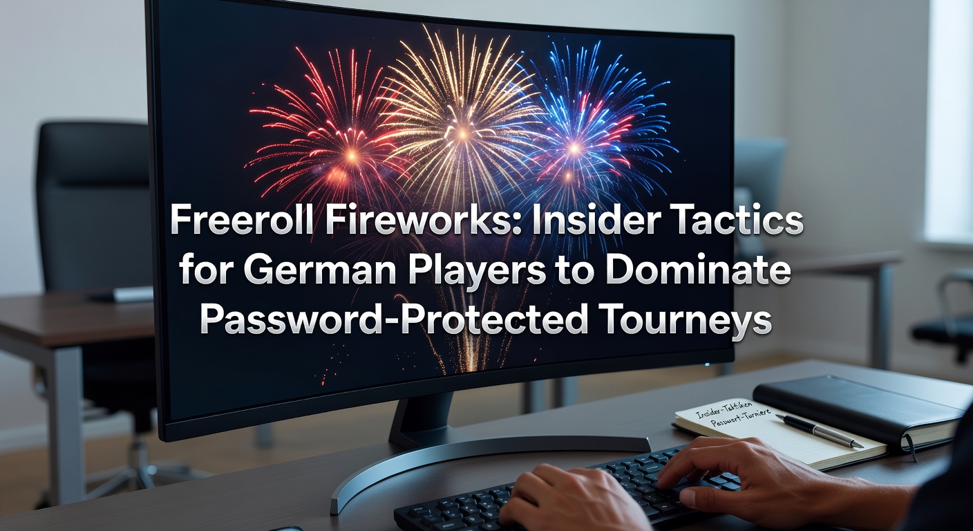 Deutsche Poker-Spieler am Computer, umgeben von Freeroll-Turnier-Screens und Preistafeln, die ein explosives Turnierfeuerwerk symbolisieren