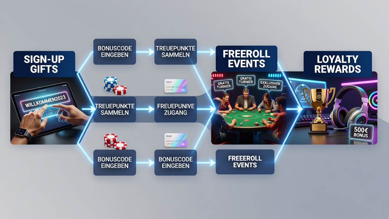 Darstellung gestaffelter Treueprogramme und Freeroll-Qualifikationen auf deutschen Pokerplattformen