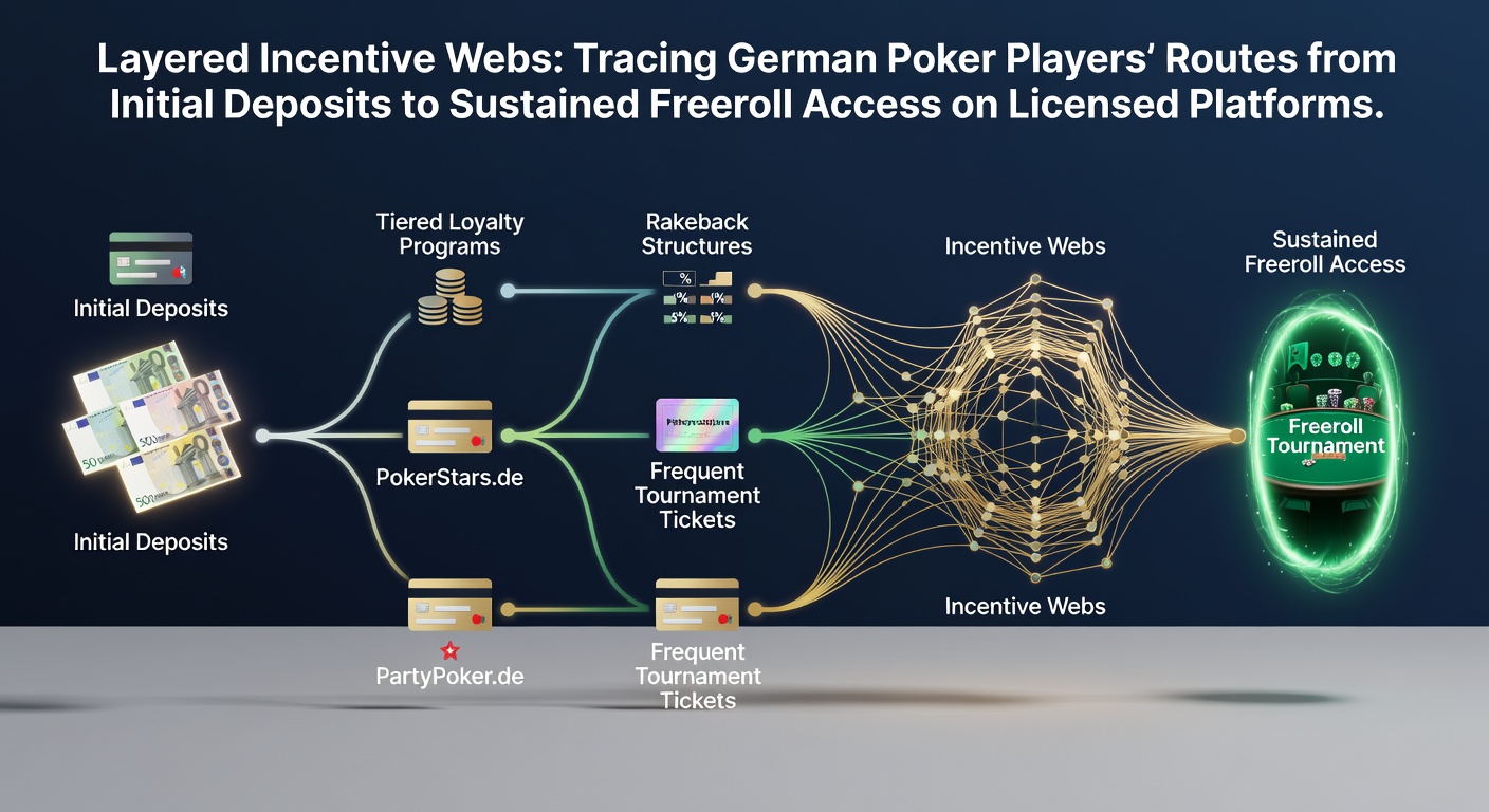 Darstellung von Schichten aus Boni und Freeroll-Zugängen auf lizenzierten Pokerplattformen