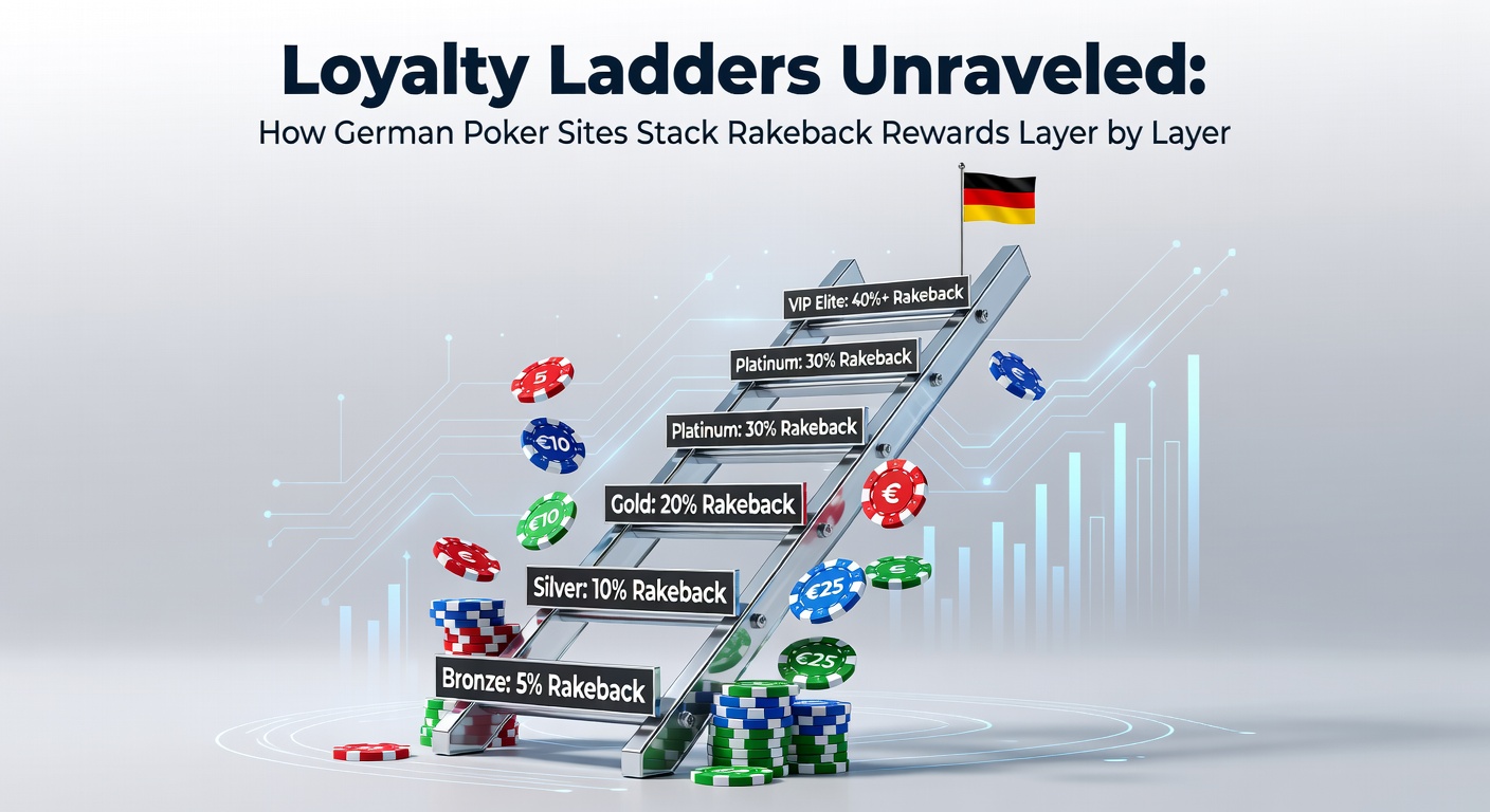 Grafik eines Treppenaufstiegs mit Pokerchips und Rakeback-Symbolen, die die Stufen der Loyalty Ladders darstellen