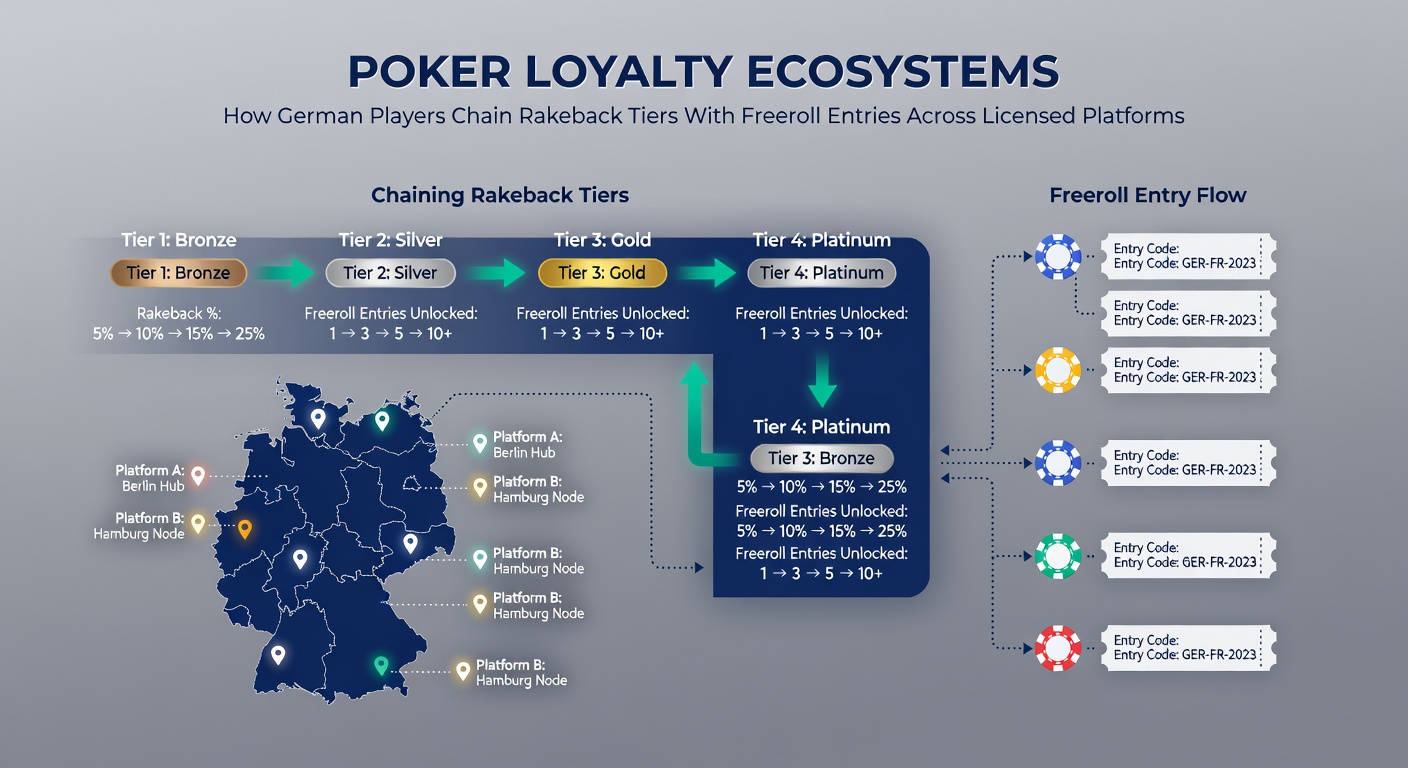 Darstellung der Verknüpfung von Rakeback-Stufen und Freeroll-Eintritten für deutsche Spieler