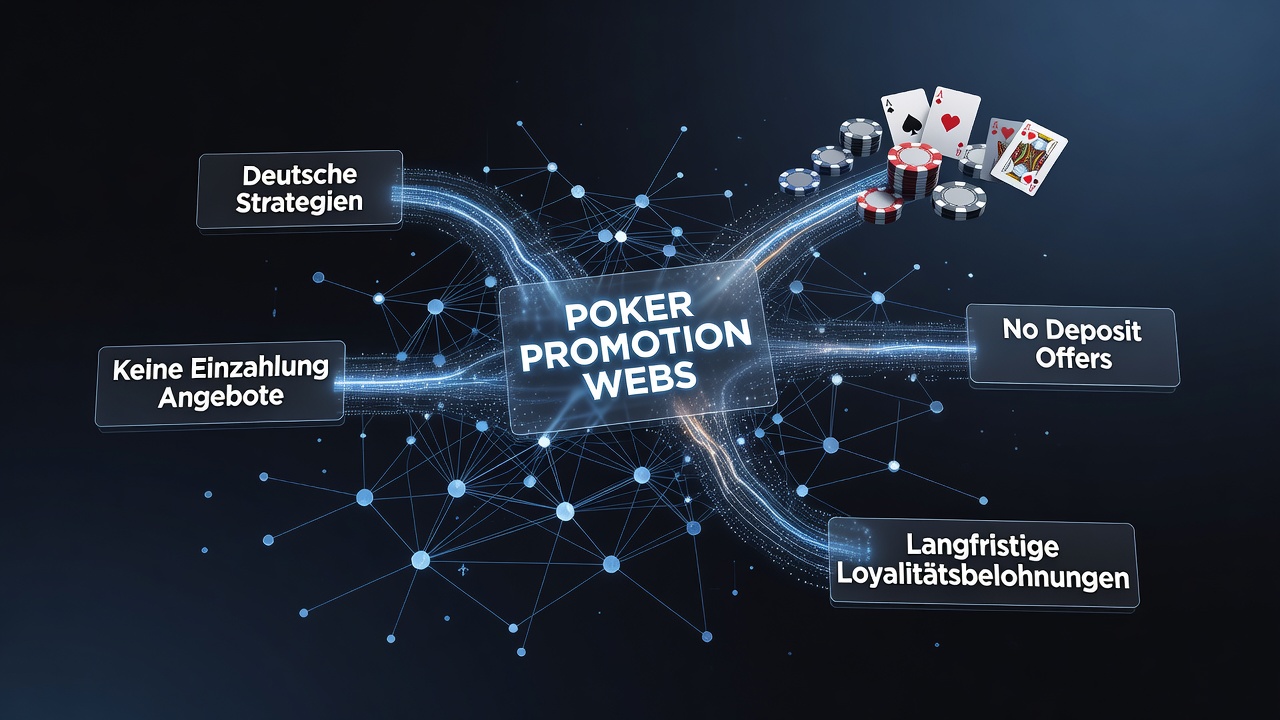 Darstellung deutscher Poker-Plattformen mit No-Deposit-Angeboten und Treueprogrammen