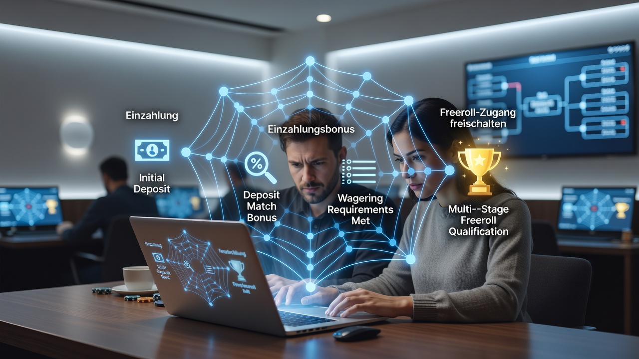 Darstellung von gestaffelten Freeroll-Qualifikationen und Bonusverkettungen für deutsche Spieler