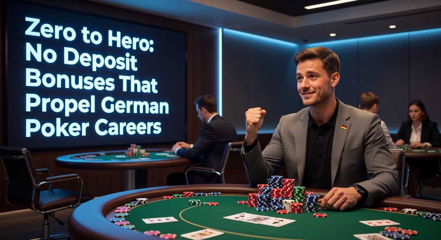 Deutscher Poker-Spieler am Laptop mit No-Deposit-Bonus-Bildschirm, symbolisiert den Start ohne Einsatz